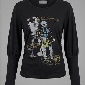 Tulipica Italy - Graphic with Embellishment Lantern Sleeve Women's Top w Ruching